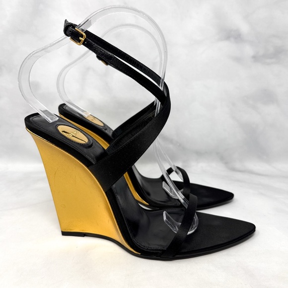 Saint Laurent Salome 110 Silk Satin Metallic Leather Wedge Sandal Heels Black - Picture 4 of 16